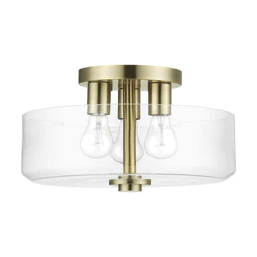 Livex Whitworth 3Lt Semi-Flush, Antique Brass/Clear