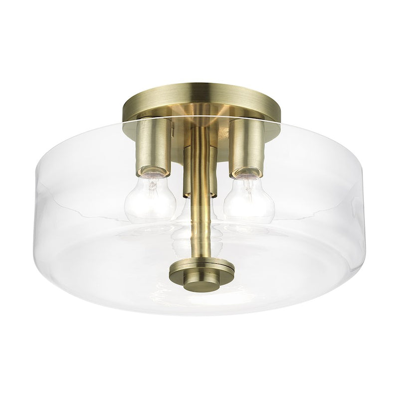 Livex Whitworth 3Lt Semi-Flush, Antique Brass/Clear
