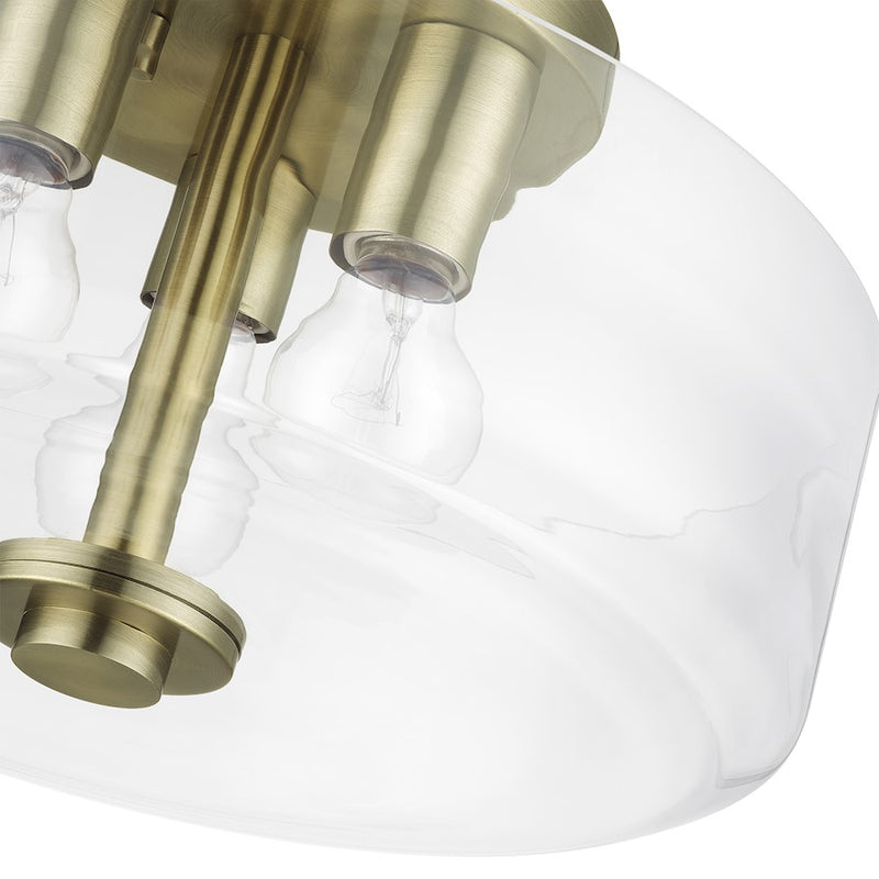 Livex Whitworth 3Lt Semi-Flush, Antique Brass/Clear