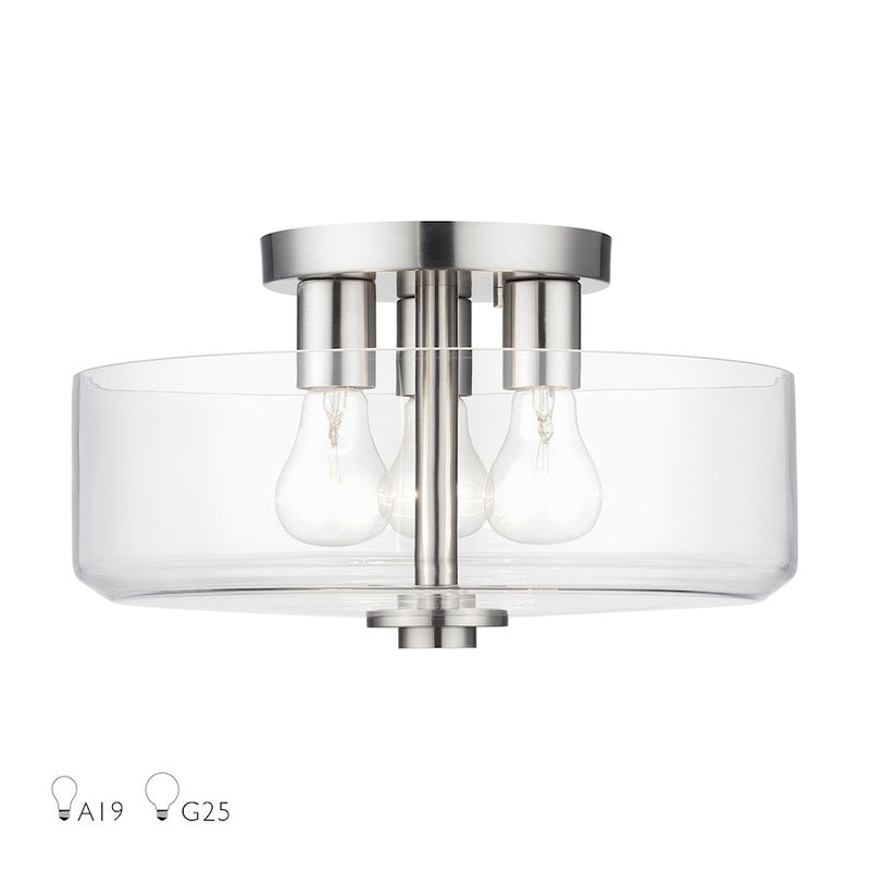 Livex Whitworth 3Lt Semi-Flush, Brushed Nickel/Clear - 46123-91
