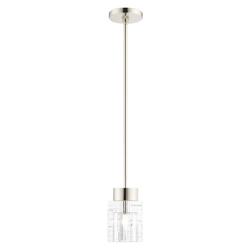 Livex Rotterdam 1 Light Pendant, Polished Nickel/Clear Crystals