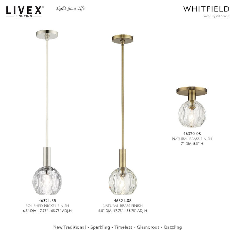 Livex Whitfield 1Lt Pendant, Natural Brass/Crystal Shade