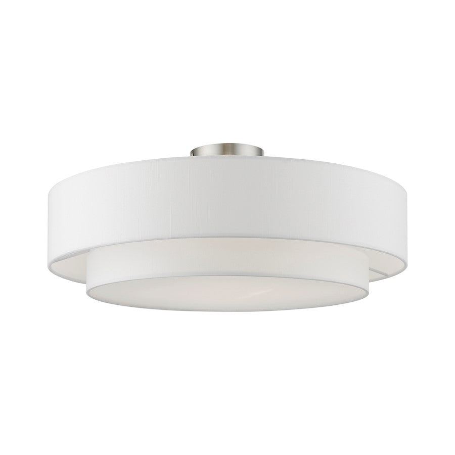 Livex Meridian Semi-Flush, Nickel/Off-White/White Fabric