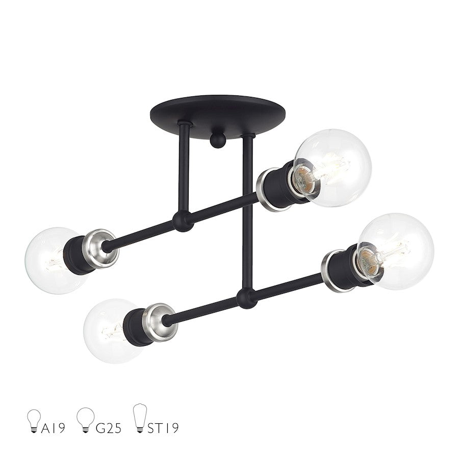 Livex Delacroix 4Lt Semi-Flush, Black/Brushed Nickel Accent - 47176-04