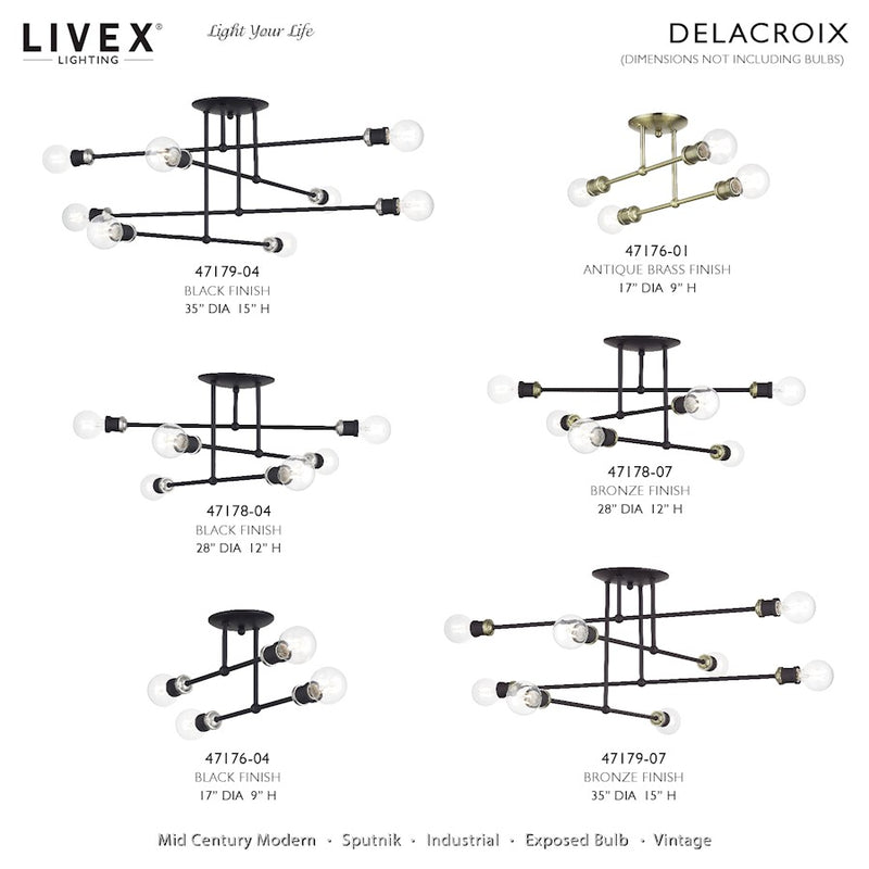Livex Delacroix 6Lt Semi-Flush, Bronze/Antique Brass Accents