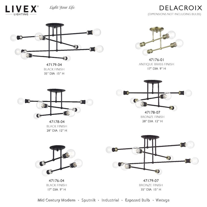 Livex Delacroix 6Lt Semi-Flush, Bronze/Antique Brass Accents