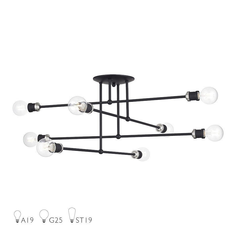 Livex Delacroix 8Lt Semi-Flush, Black/Brushed Nickel Accents - 47179-04