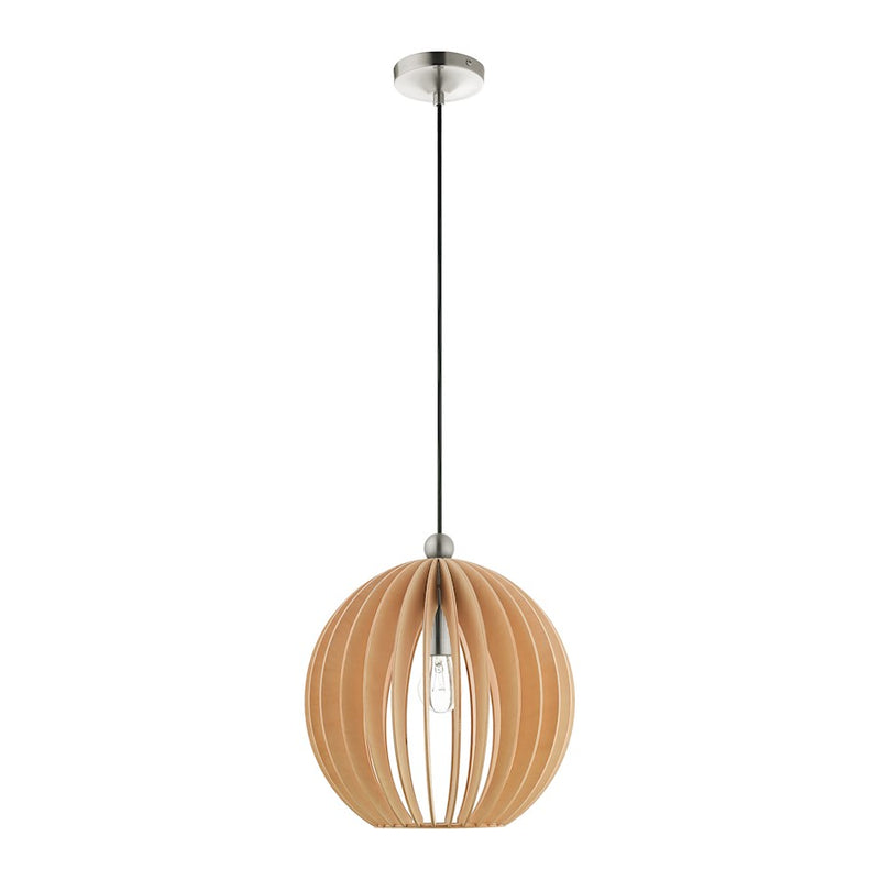 Livex Light Pendants 1 Light Pendant, Brushed Nickel/Round Wood Shade