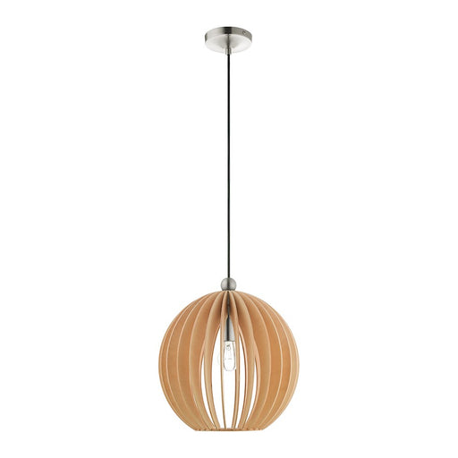 Livex Light Pendants 1 Light Pendant, Brushed Nickel/Round Wood Shade