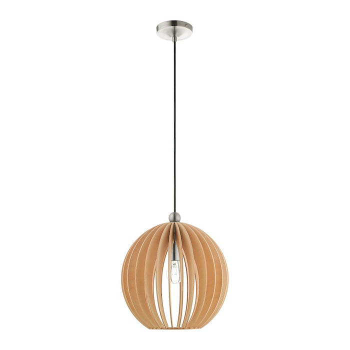 Livex Light Pendants 1 Light Pendant, Brushed Nickel/Round Wood Shade