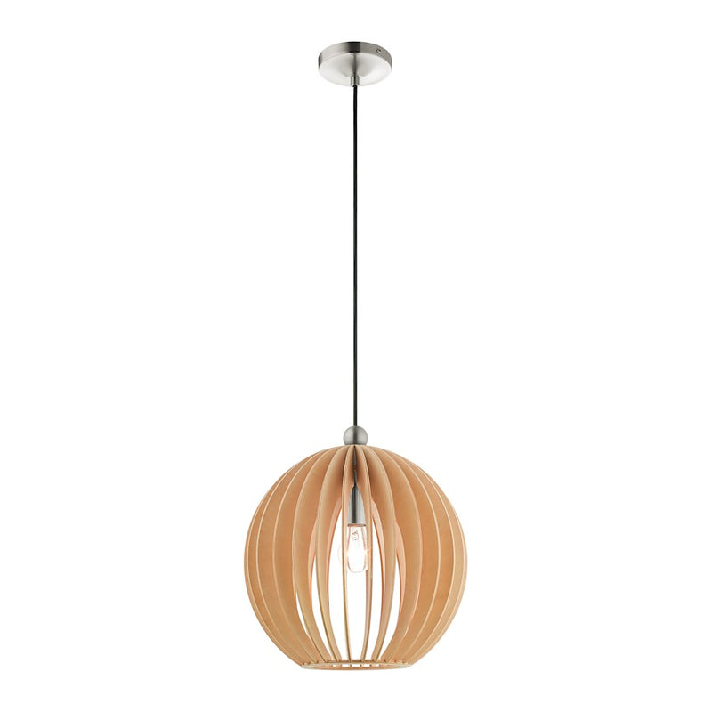 Livex Light Pendants 1 Light Pendant, Brushed Nickel/Round Wood Shade