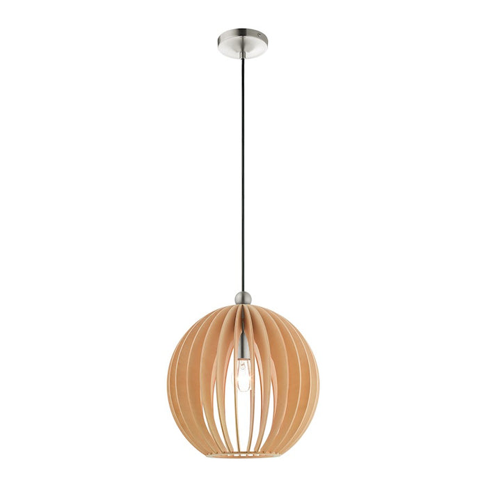Livex Light Pendants 1 Light Pendant, Brushed Nickel/Round Wood Shade