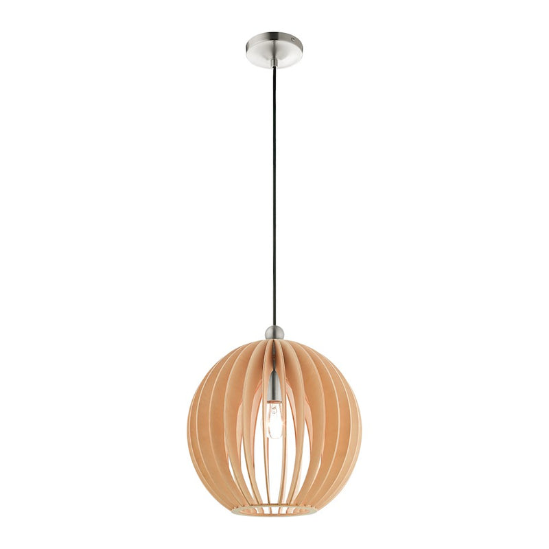 Livex Light Pendants 1 Light Pendant, Brushed Nickel/Round Wood Shade