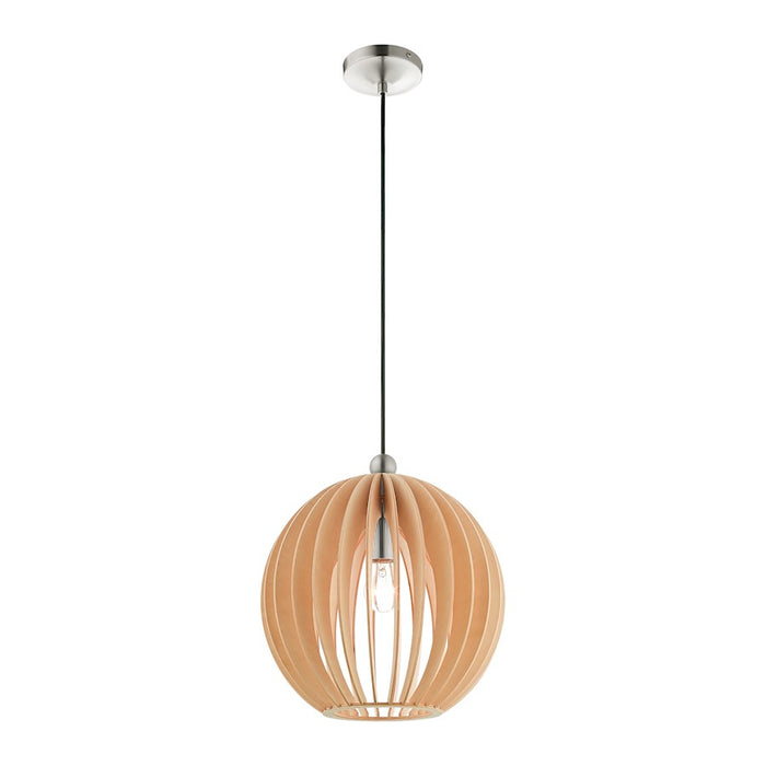 Livex Light Pendants 1 Light Pendant, Brushed Nickel/Round Wood Shade
