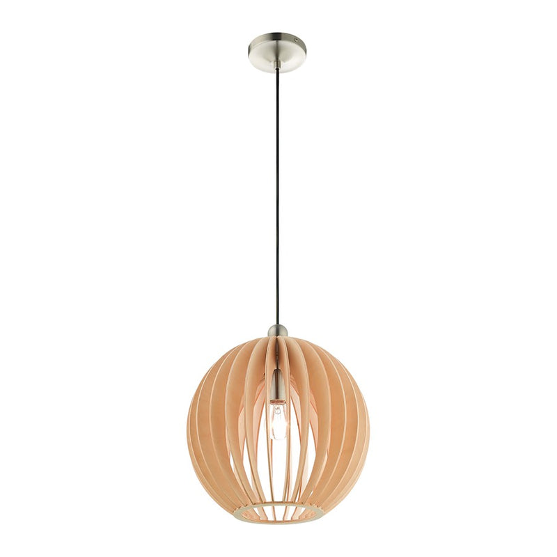Livex Light Pendants 1 Light Pendant, Brushed Nickel/Round Wood Shade