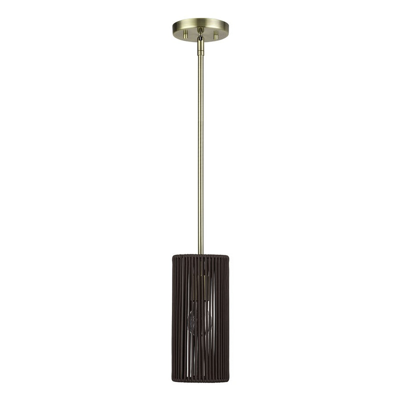 Livex Acordia 1Lt Mini Pendant, Brass/Dark Chocolate Polyester Rope