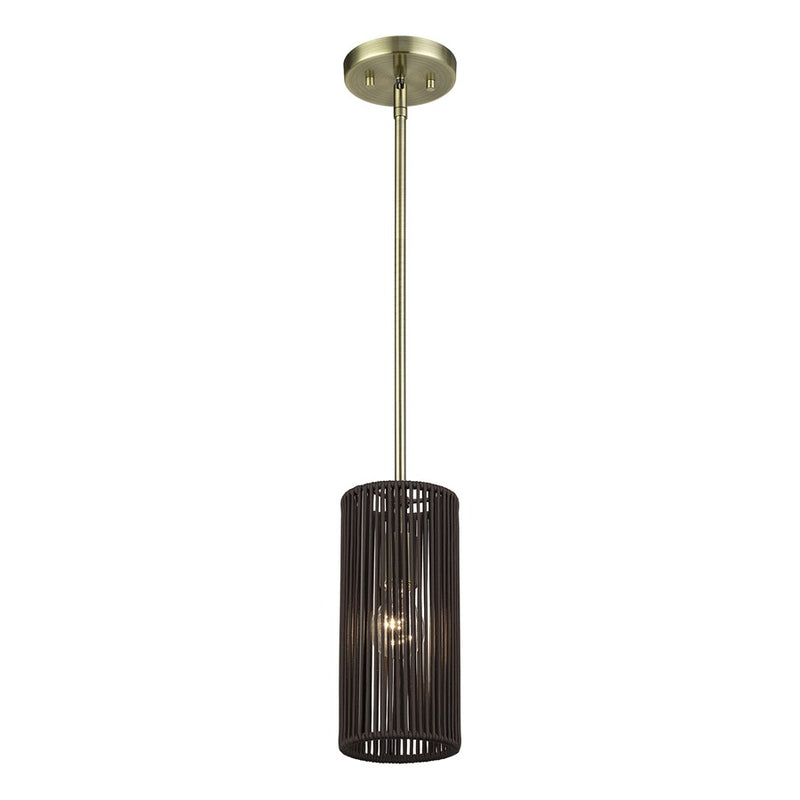Livex Acordia 1Lt Mini Pendant, Brass/Dark Chocolate Polyester Rope