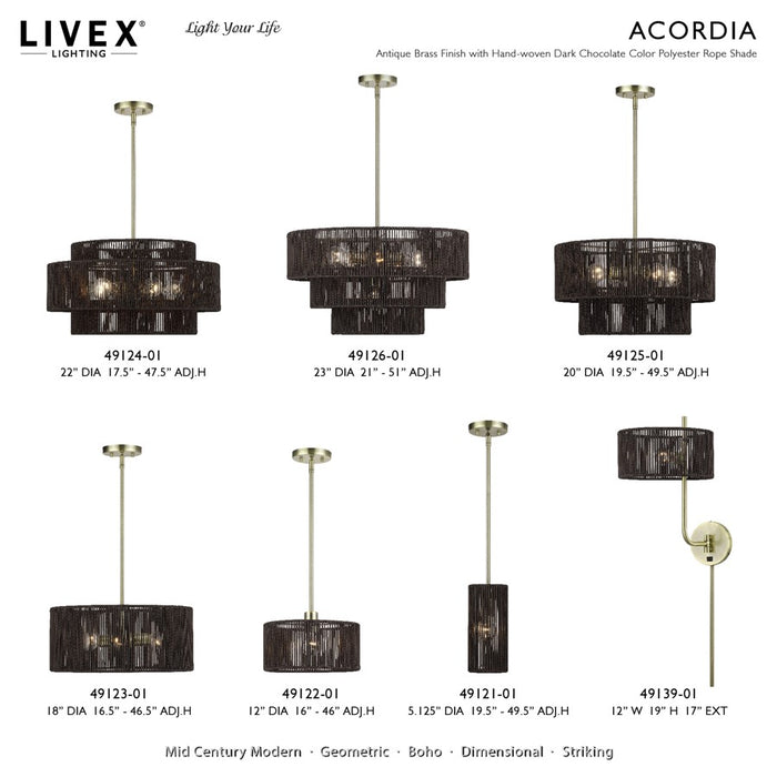 Livex Acordia 1Lt Mini Pendant, Brass/Dark Chocolate Polyester Rope