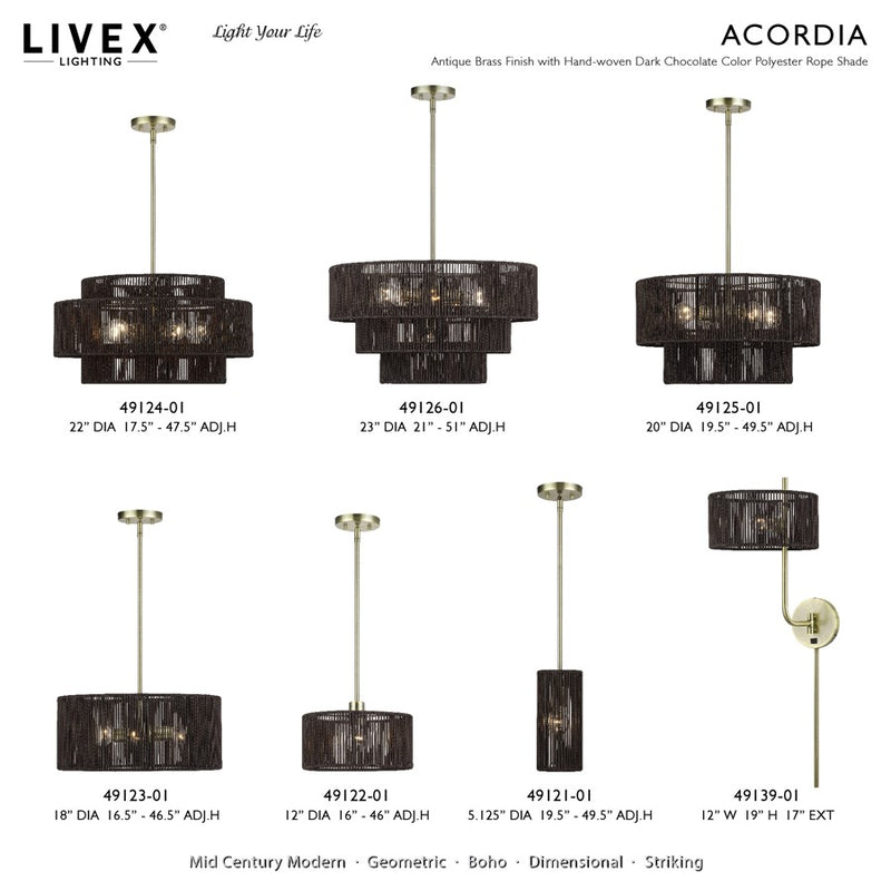 Livex Acordia 1Lt Pendant, Brass/Dark Chocolate Color Polyester Rope