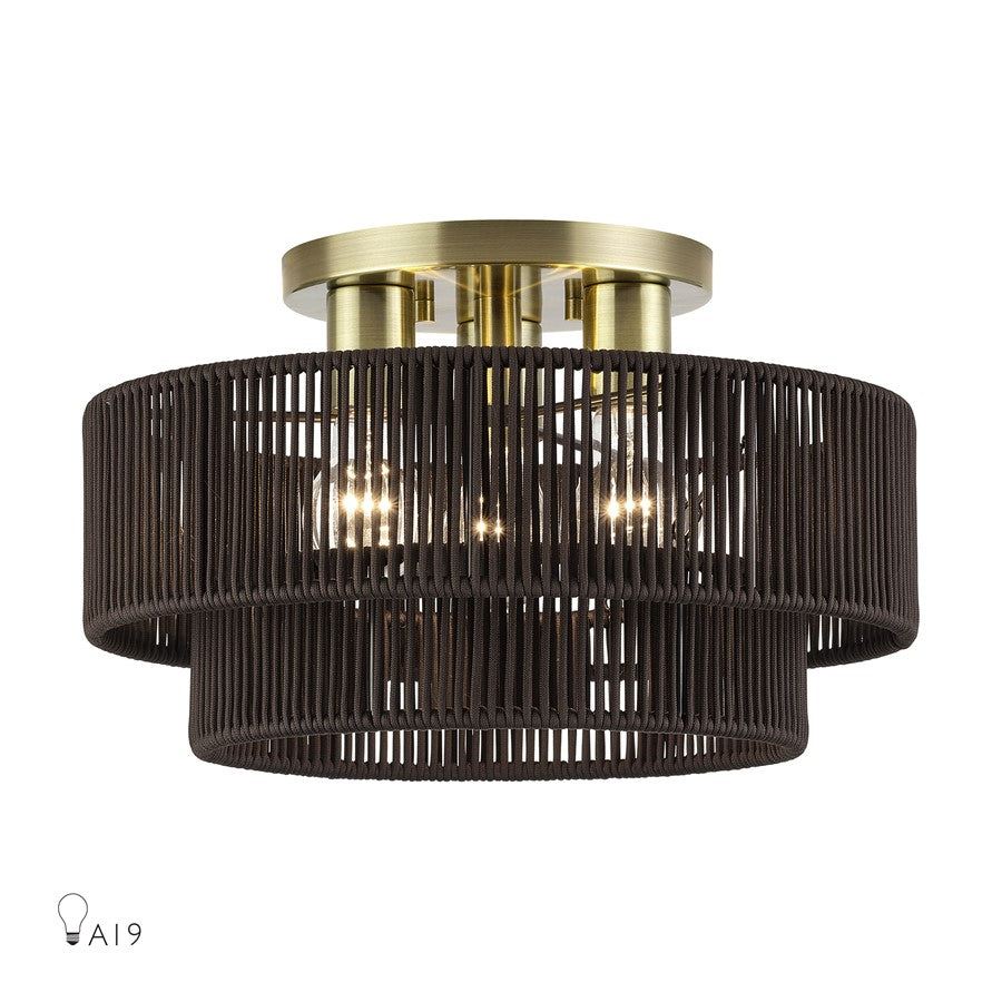 Livex Acordia 3Lt 9" Semi-Flush, Brass/Chocolate Polyester - 49133-01