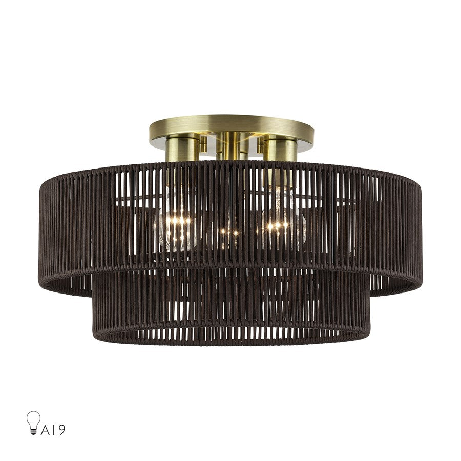 Livex Acordia 3Lt 10" Semi-Flush, Brass/Chocolate Polyester - 49134-01