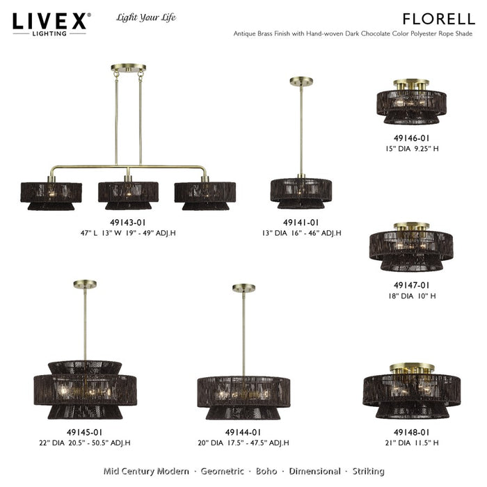 Livex Florell 1Lt Pendant, Brass/Dark Chocolate Color Polyester Rope