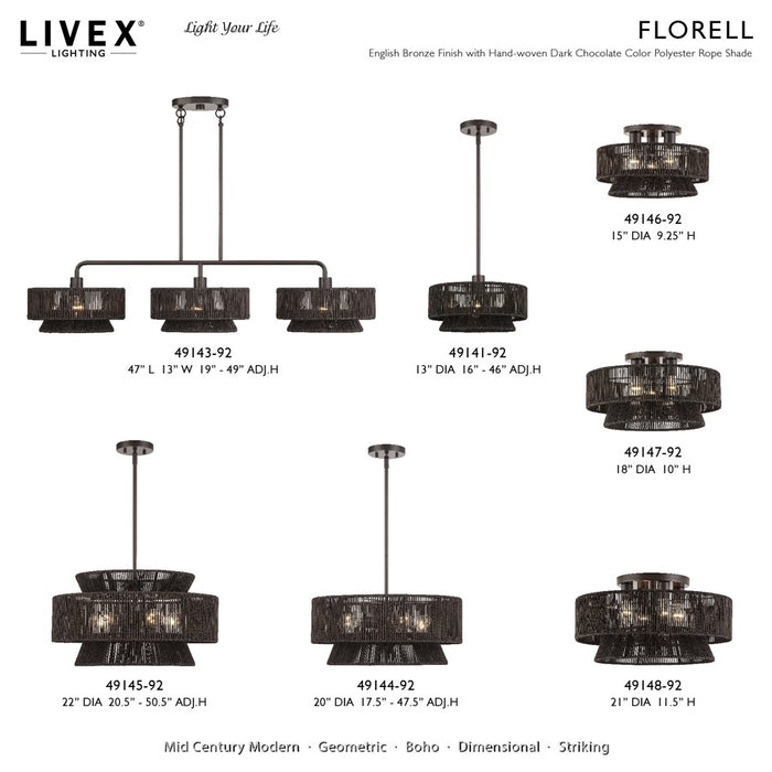 Livex Florell 1Lt Pendant, Bronze/Dark Chocolate Color Polyester Rope