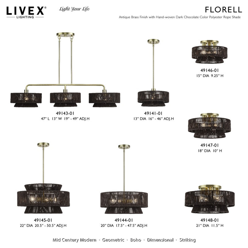 Livex Florell 5Lt Pendant Chandelier, Brass/Chocolate Polyester