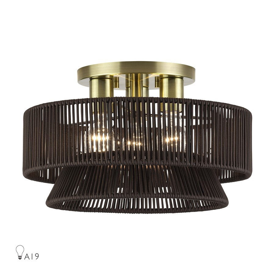 Livex Florell 3Lt 9" Semi-Flush, Brass/Chocolate Polyester - 49146-01