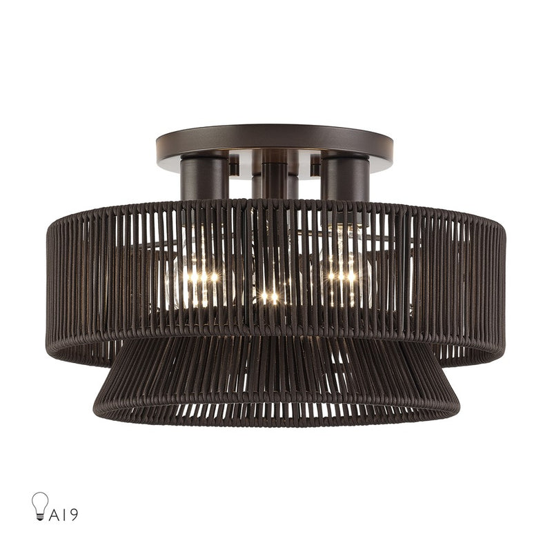 Livex Florell 3Lt 9" Semi-Flush, Bronze/Chocolate Polyester - 49146-92
