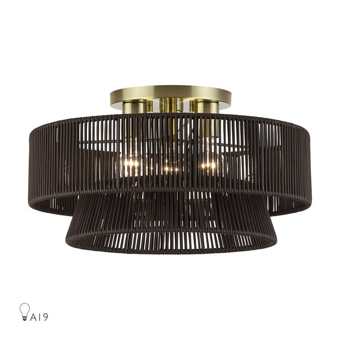 Livex Florell 3Lt 10" Semi-Flush, Brass/Chocolate Polyester - 49147-01