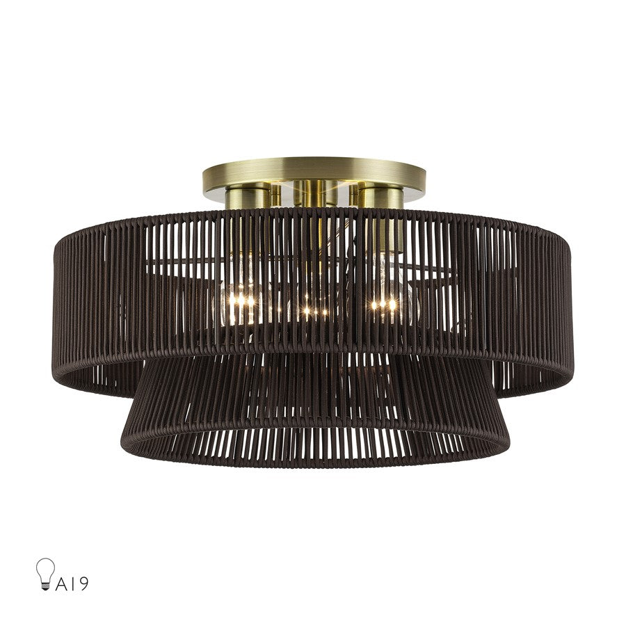 Livex Florell 3Lt 10" Semi-Flush, Brass/Chocolate Polyester - 49147-01