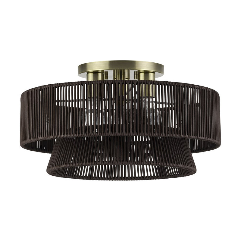 Livex Florell 3Lt 10" Semi-Flush, Brass/Chocolate Polyester
