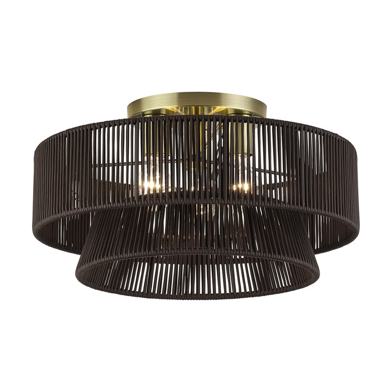 Livex Florell 3Lt 10" Semi-Flush, Brass/Chocolate Polyester