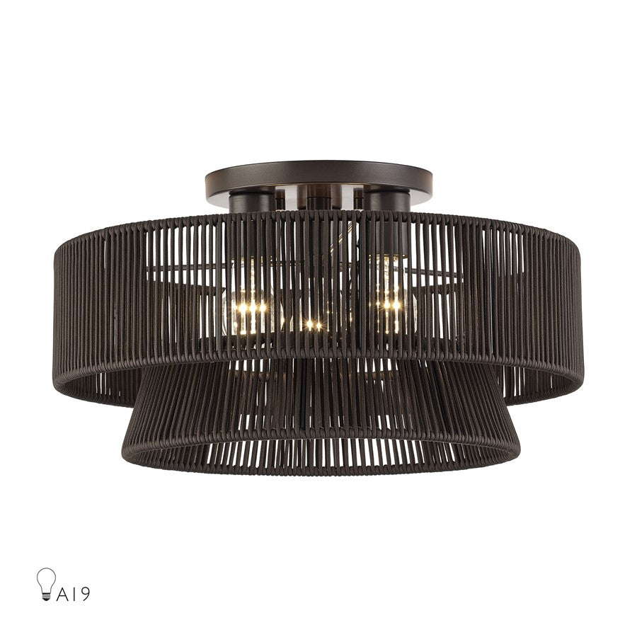 Livex Florell 3Lt 10" Semi-Flush, Bronze/Chocolate Polyester - 49147-92