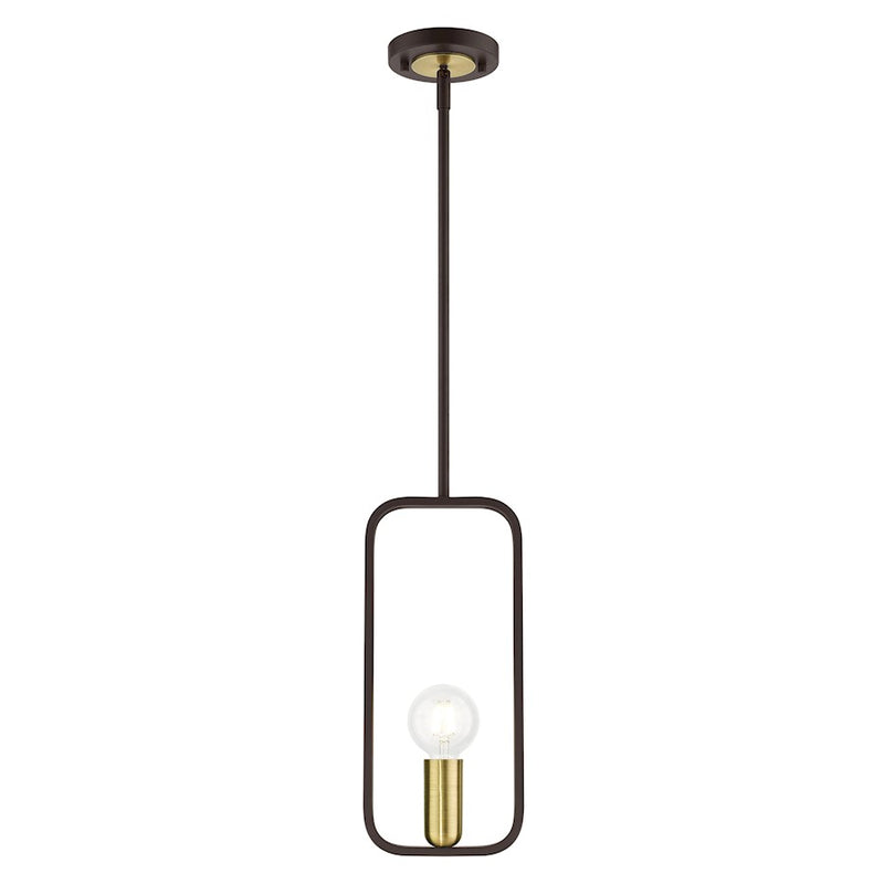Livex Bergamo 1 Light Pendant, Bronze with Antique Brass Accents