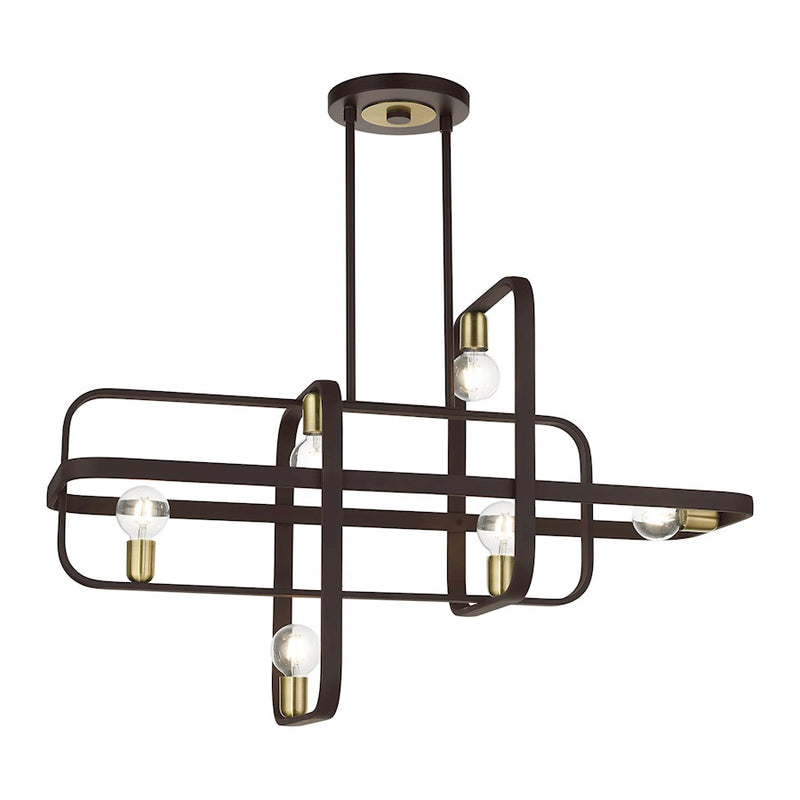Livex Bergamo 6 Light Linear Chandelier, Bronze/Antique Brass Accents
