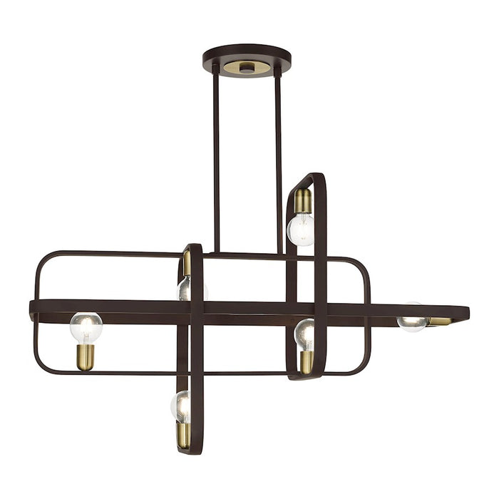 Livex Bergamo 6 Light Linear Chandelier, Bronze/Antique Brass Accents