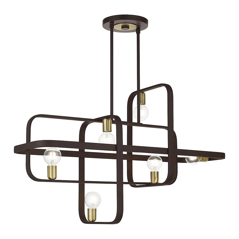 Livex Bergamo 6 Light Linear Chandelier, Bronze/Antique Brass Accents