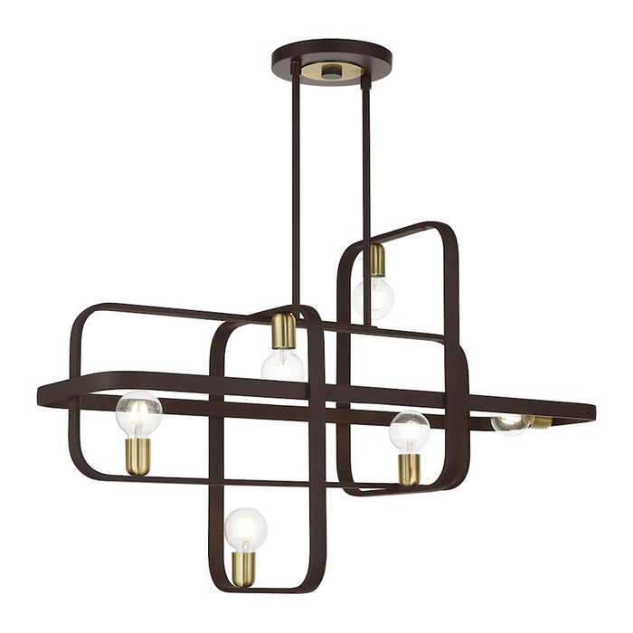 Livex Bergamo 6 Light Linear Chandelier, Bronze/Antique Brass Accents