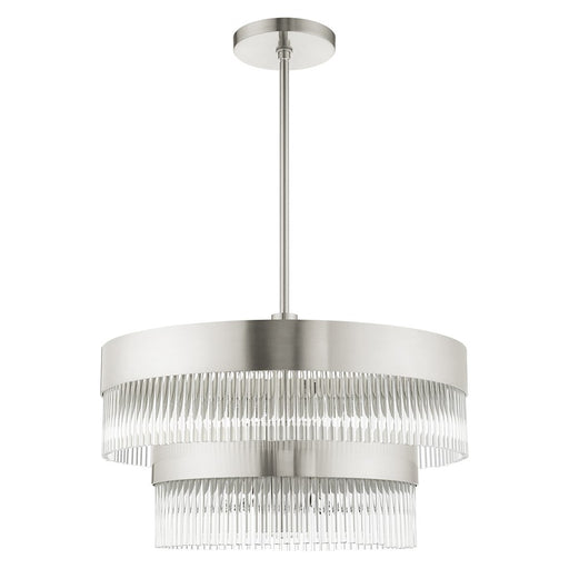 Livex Nowrich 7 Light Chandelier, Nickel/Nickel Drum/Crystal Rods