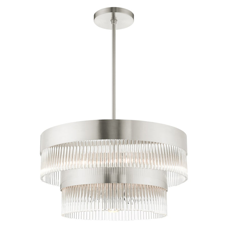 Livex Nowrich 7 Light Chandelier, Nickel/Nickel Drum/Crystal Rods