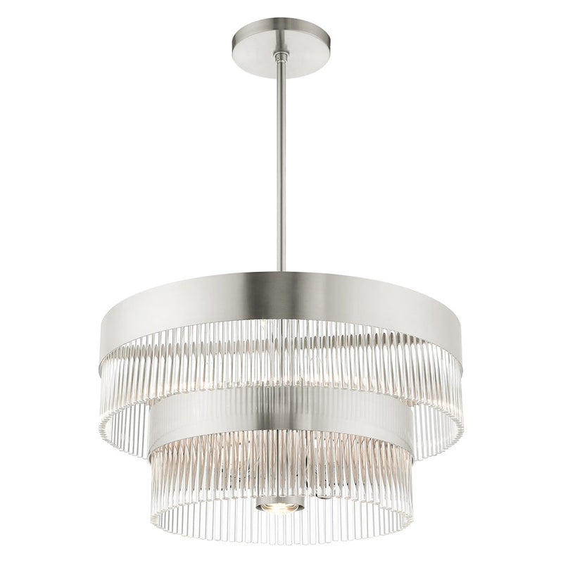 Livex Nowrich 7 Light Chandelier, Nickel/Nickel Drum/Crystal Rods