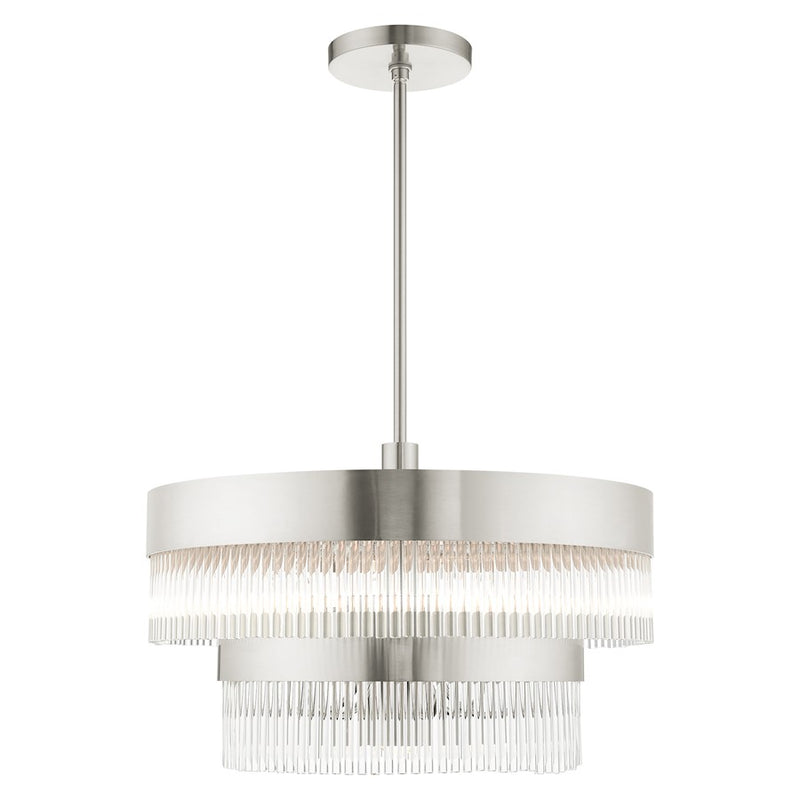 Livex Nowrich 7 Light Chandelier, Nickel/Nickel Drum/Crystal Rods