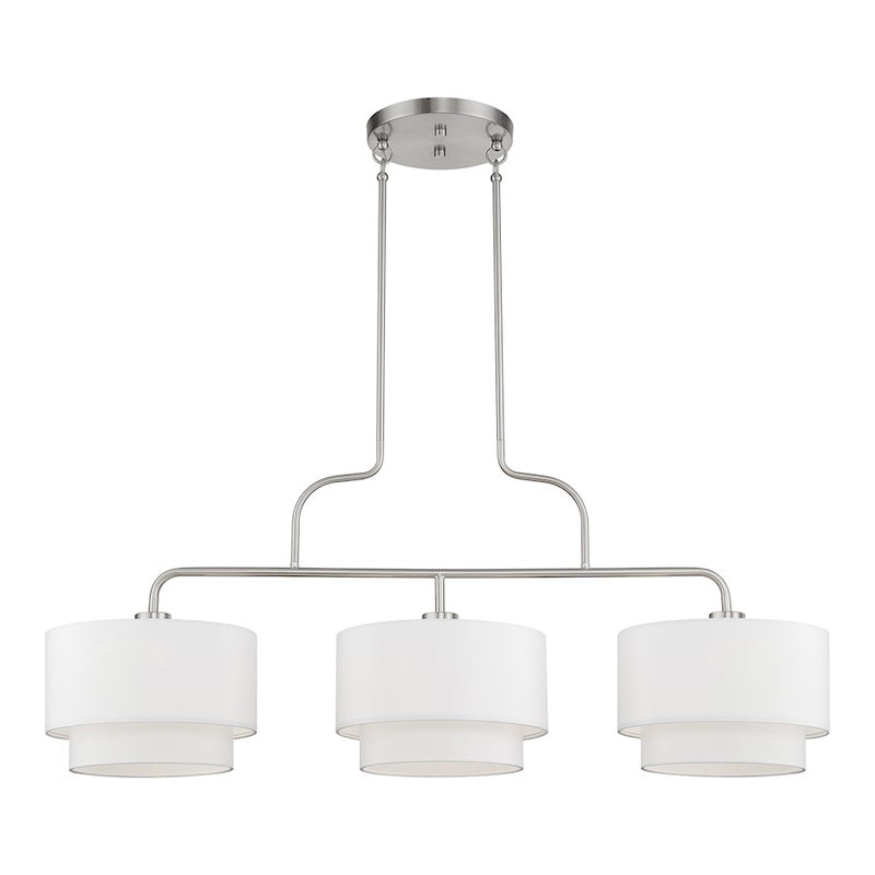 Livex Manorwood 3Lt XL Linear Chandelier, Nickel/White/White Fabric