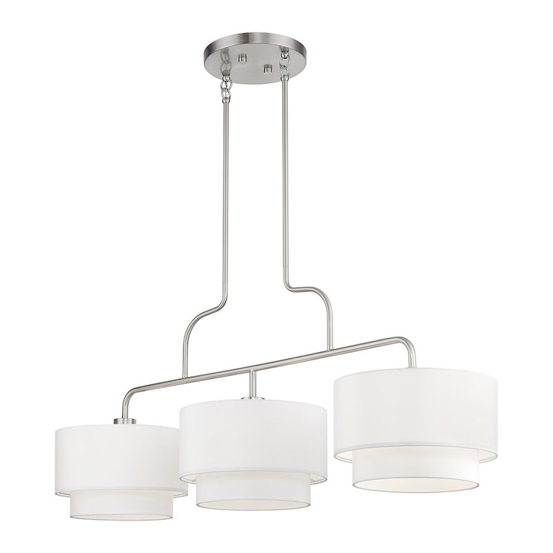 Livex Manorwood 3Lt XL Linear Chandelier, Nickel/White/White Fabric