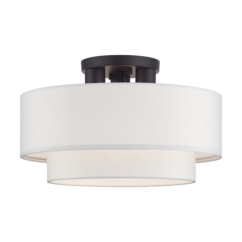 Livex Manorwood 3Lt Semi-Flush, Bronze/White Fabric - 50305-07