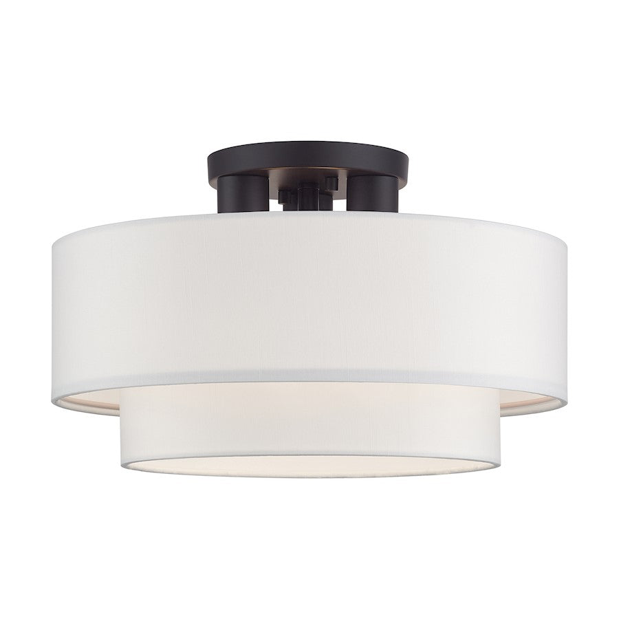 Livex Manorwood 3Lt Semi-Flush, Bronze/White Fabric - 50305-07