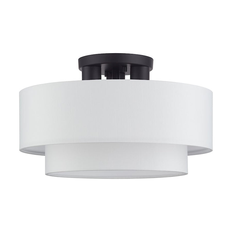 Livex Manorwood 3Lt Semi-Flush, Bronze/White Fabric