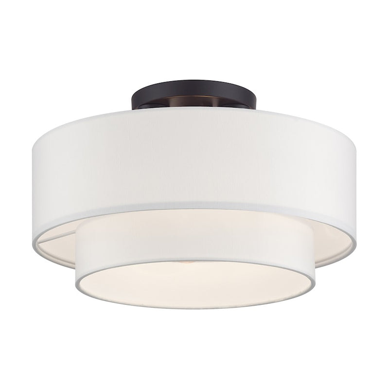 Livex Manorwood 3Lt Semi-Flush, Bronze/White Fabric